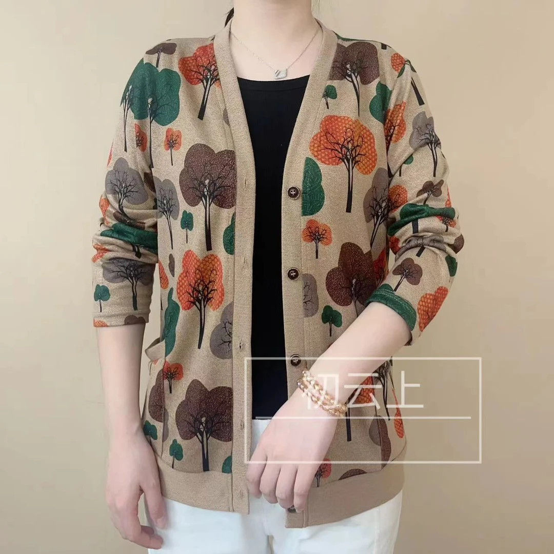 开衫外套女春秋季大码洋气时尚针织衫百搭宽松长袖外套印花妈妈装