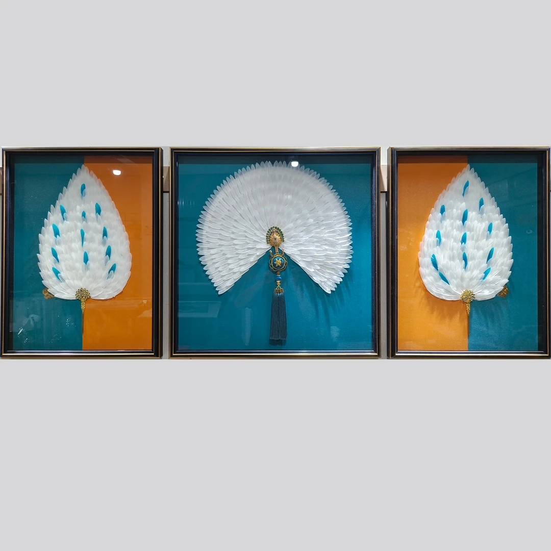 立体高端奢侈三联画手工羽毛实物画简约客厅沙发背景装饰画简美