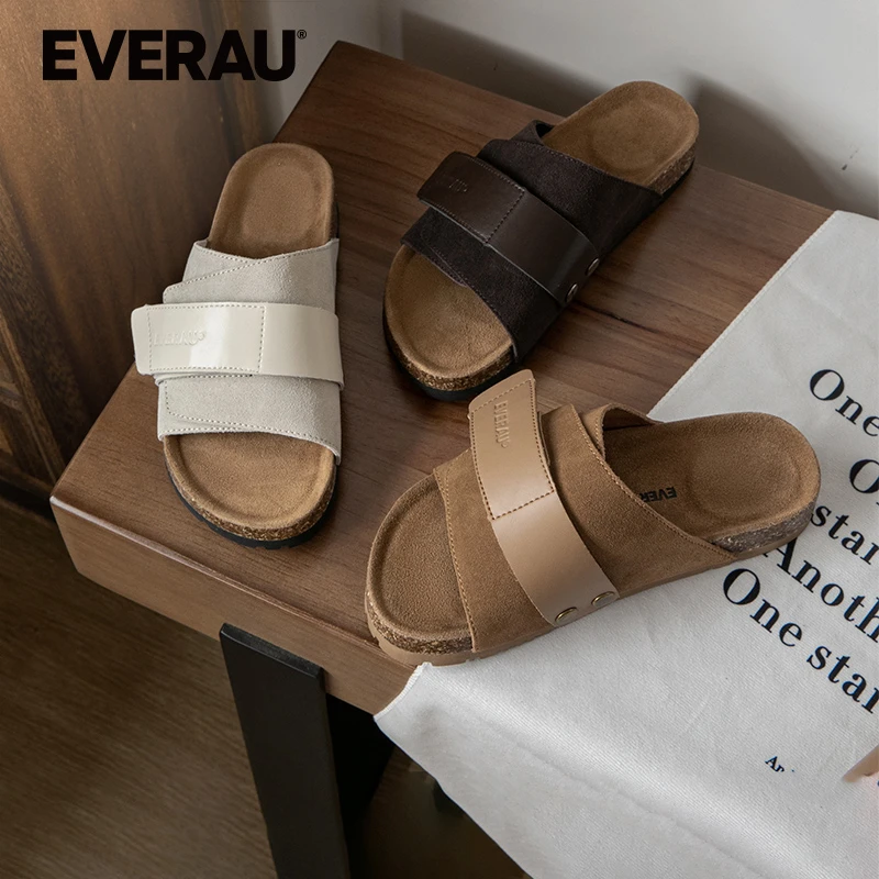 EVERAU夏季情侣款凉鞋休闲防滑凉拖鞋舒适时尚软底真皮厚底EA2054