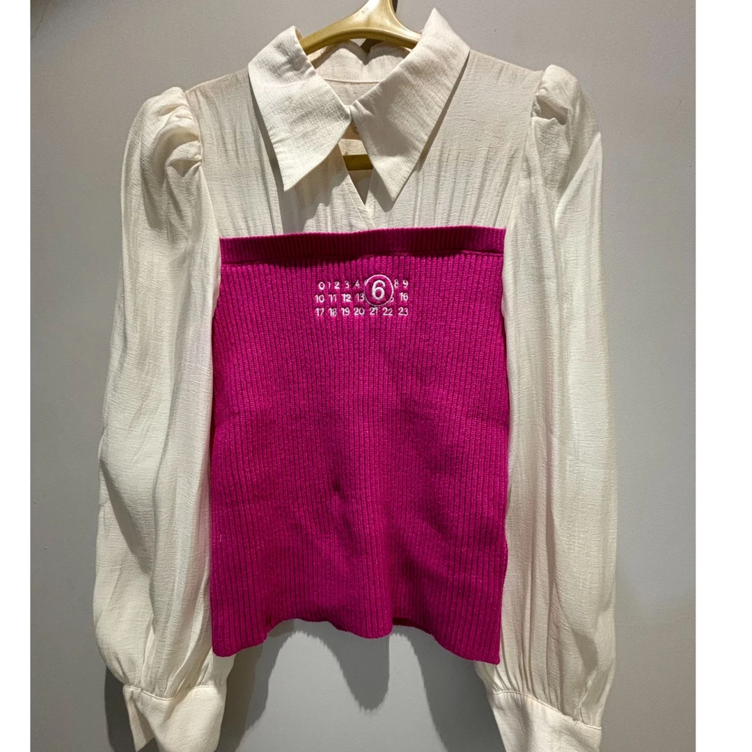 撞色假两件套针织泡泡袖上衣