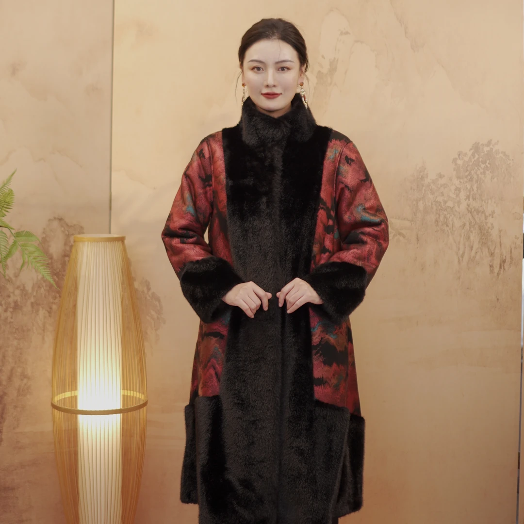 《半山水长款》双面穿设计师长款加厚加绒中式高领皮毛一体女士大衣