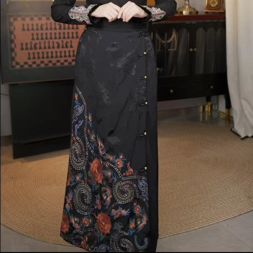 《苏绣半身裙》复古百搭国风秋冬气质黑色长款女士休闲半身裙12