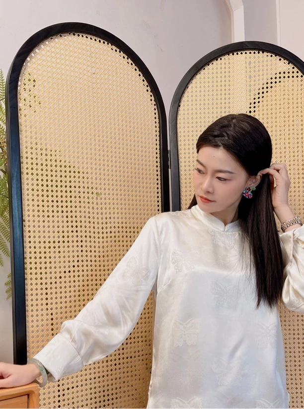 【玉兰】45姆米重缎提花小立领撞色新中式国风衬衣