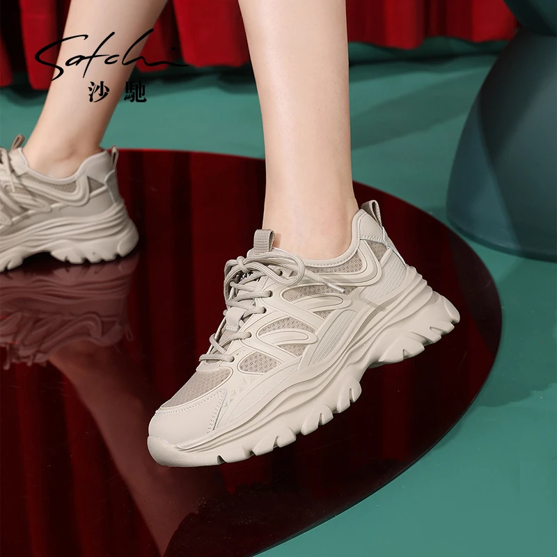 春秋时尚网面透气休闲老爹鞋超轻厚底增高圆头运动休闲鞋女鞋