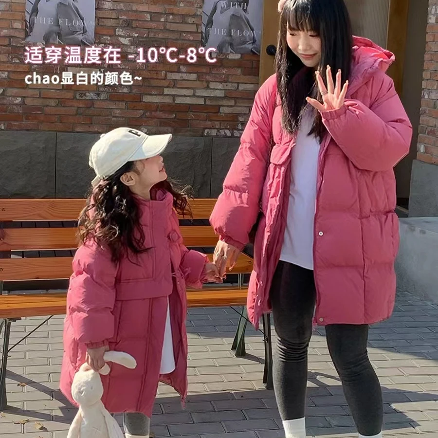 儿童亲子女孩中长款羽绒服洋气连帽保暖冬季加厚宽松韩版外套