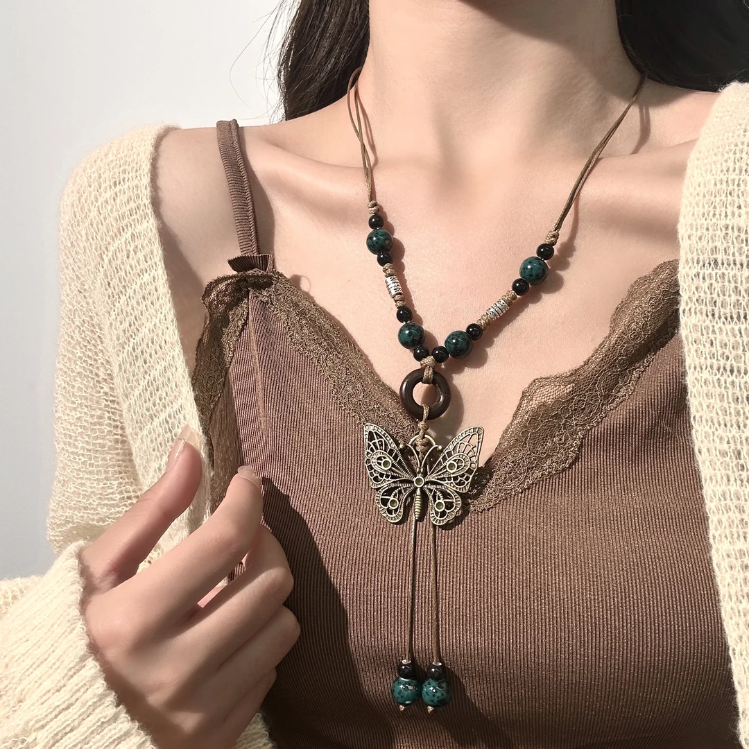 非金属布艺项链 CHUYA饰品长款古风蝴蝶吊坠项链女民族风颈链配饰