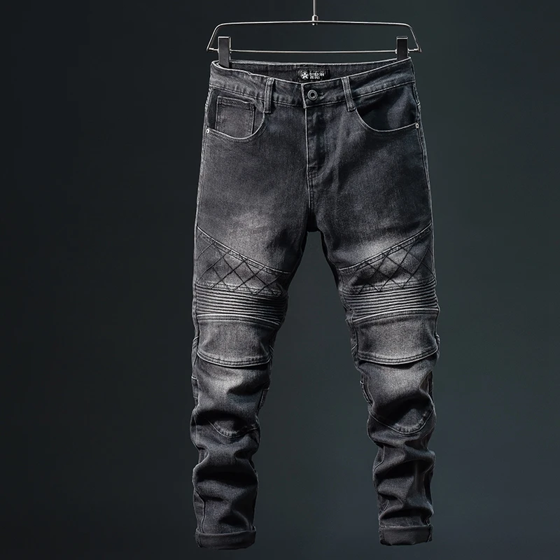 秋冬季美式高端机车裤硬汉复古潮流微弹拼接小脚立体剪裁牛仔裤男