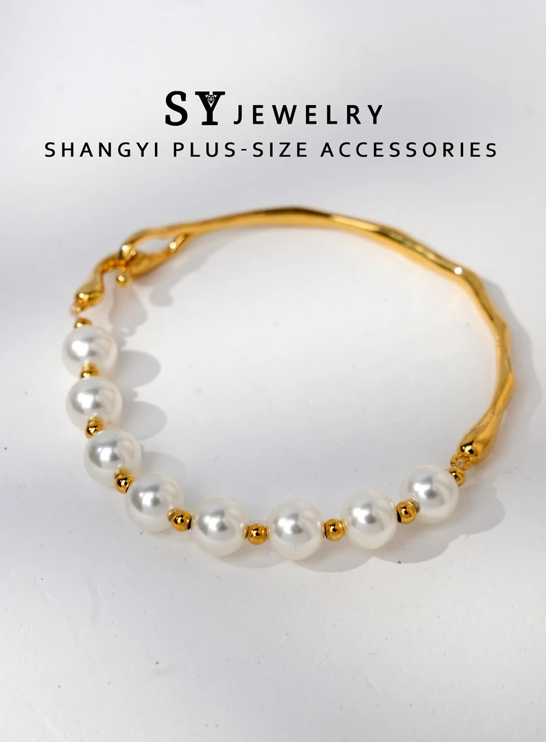 铜合金仿珍珠手镯 C-025胖妹妹大码饰品时尚简约小众珠珠半镯