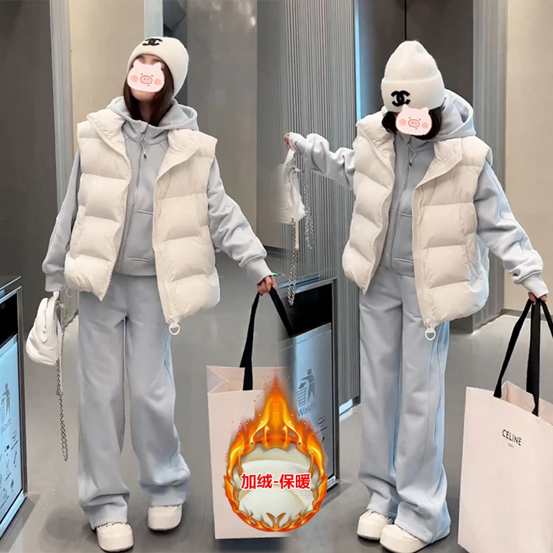 秋冬款套装棉服马甲女2024今年流行的洋气时髦加绒卫衣卫裤三件套