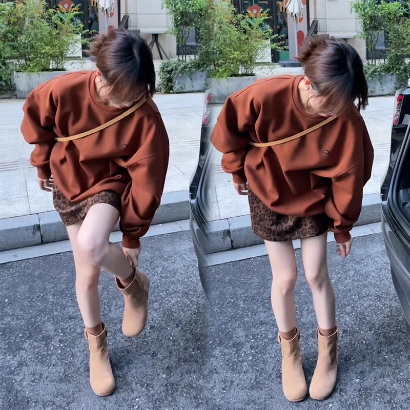 韩版chic宽松遮肉中长款卫衣女2024秋季百搭上衣豹纹短裙两件套装