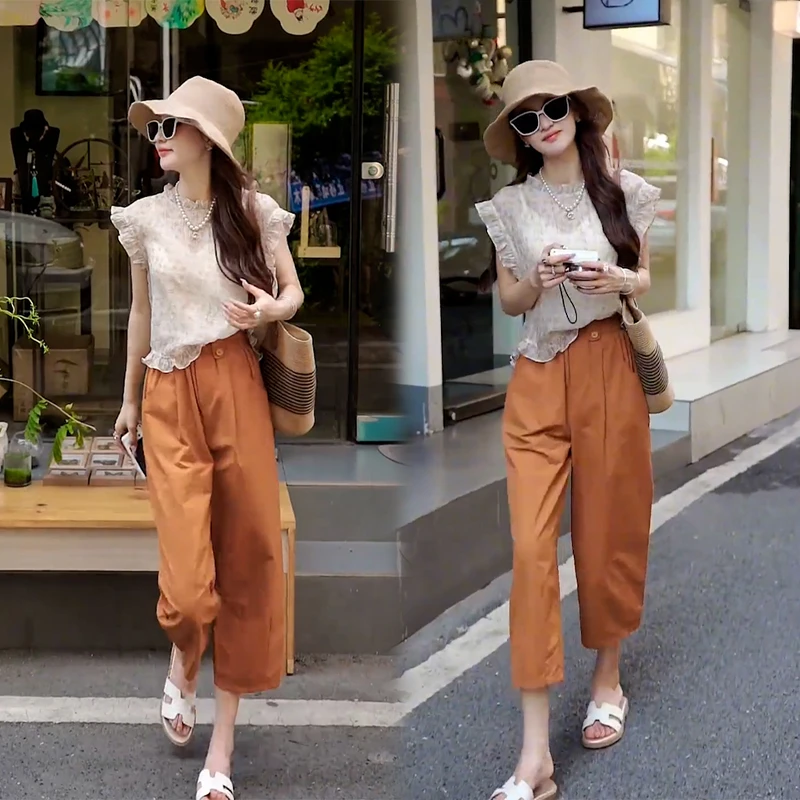 夏季穿搭一整套气质时尚碎花木耳边衬衫上衣小衫九分休闲裤两件套