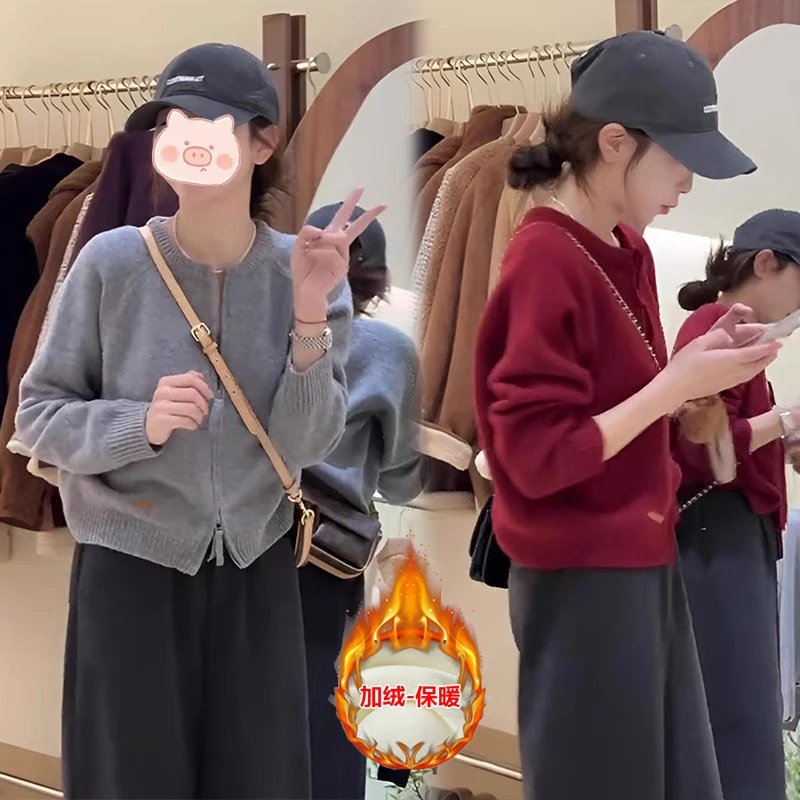 灰色慵懒风短款双拉链长袖针织毛衣外套女款2024新款冬季宽松上衣