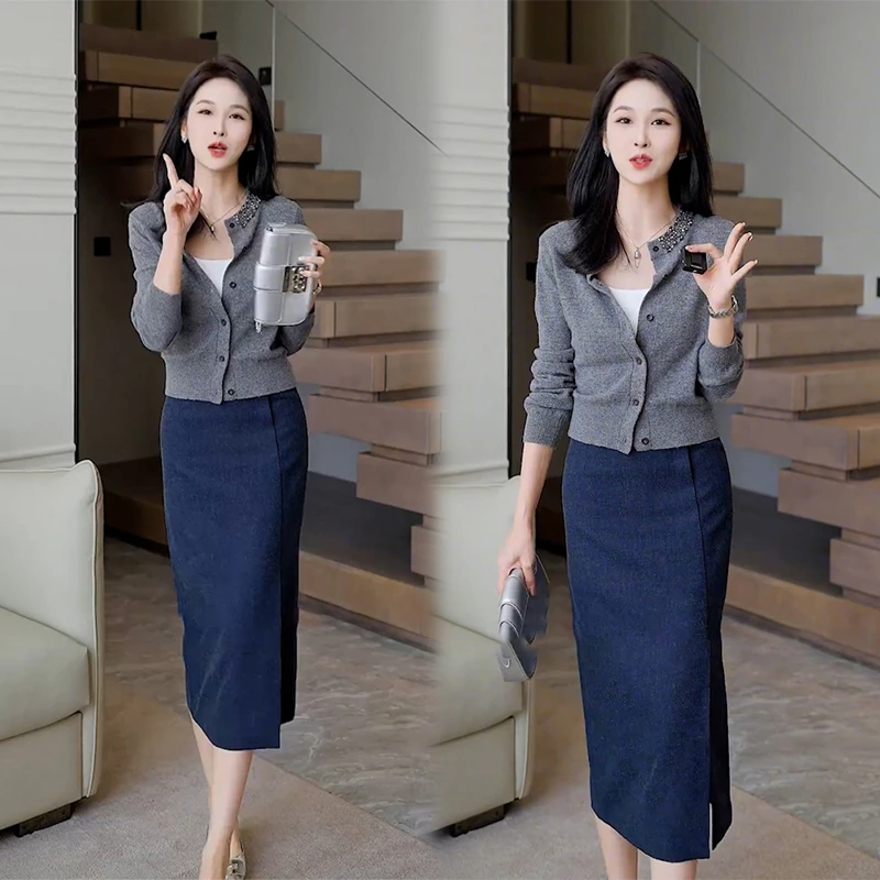 2024秋季氛围感穿搭一整套气质设计感毛织衫上衣包臀裙子两件套装