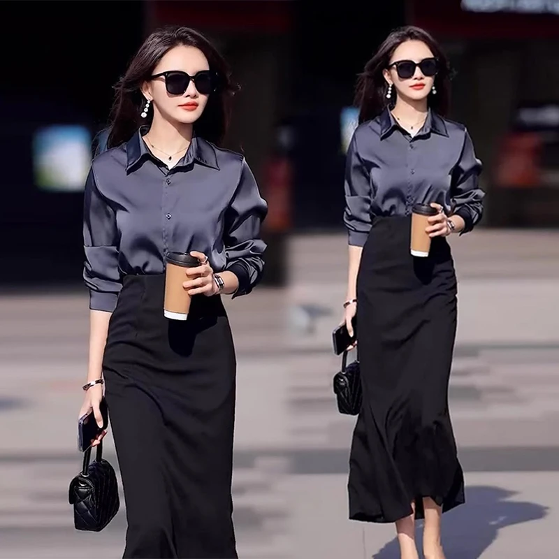 2024年秋季新款网红炸街两件套女缎面衬衫包臀半身裙气质职业套装