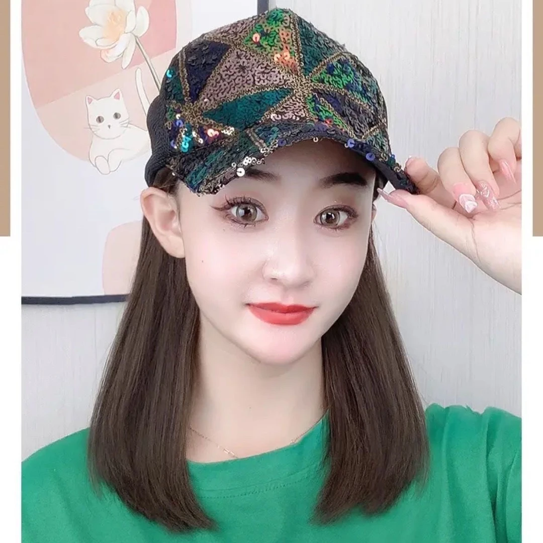 春夏彩色亮片鸭舌帽子假发一体女中长短直发内扣波波头连帽假发套