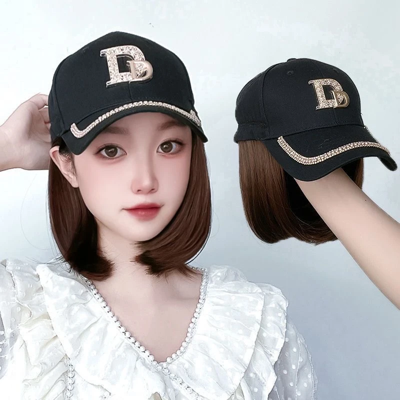 春夏鸭舌帽子假发一体女棒球帽齐肩波波头内扣短直发假发帽子自然