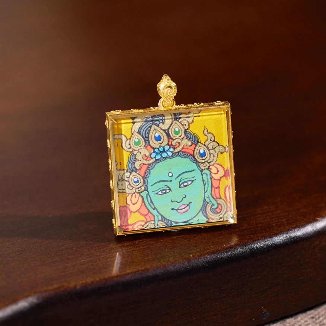 【九华山】绿度母*唐卡吊坠*18K镶嵌W8402