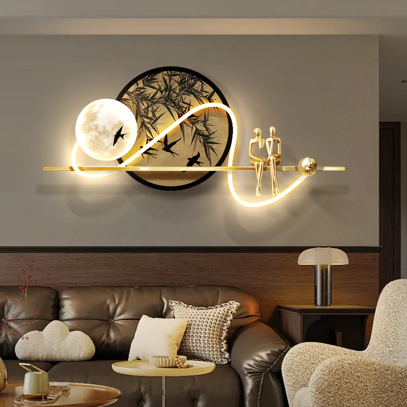 《月华竹韵》-墨竹图客厅沙发背景墙挂画中古风发光轻奢立体装饰画