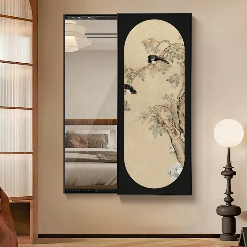 《花鸟双韵》花鸟玄关中古风隐藏式穿衣镜复古推拉镜子画卧室装饰画