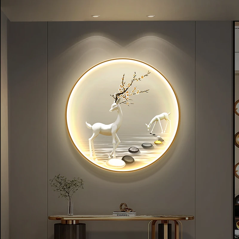 《福鹿高升》-挂画餐厅发光轻奢麋鹿led高级氛围圆形壁画装饰画