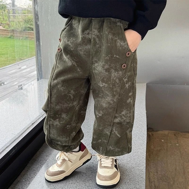 儿童加绒裤子男童灯芯绒秋冬款2024新款男孩宝宝冬季休闲运动裤厚