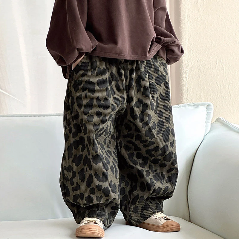 男童豹纹裤2024春季新款儿童韩版复古宽松百搭休闲裤女童洋气长裤