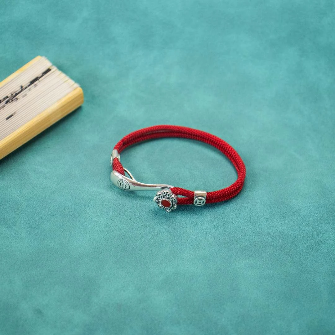 足银手链 足银999 柿柿如意红绳手链 国潮可调节简约素款编绳