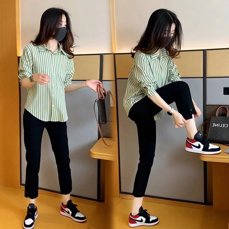 盐系穿搭休闲套装韩版百搭条纹衬衫高腰显瘦直筒休闲裤减龄两件套