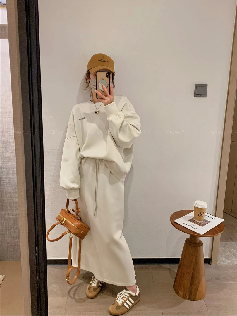 360克重磅微胖大码宽松慵懒感卫衣女2024新款爆款搭配半身裙套装