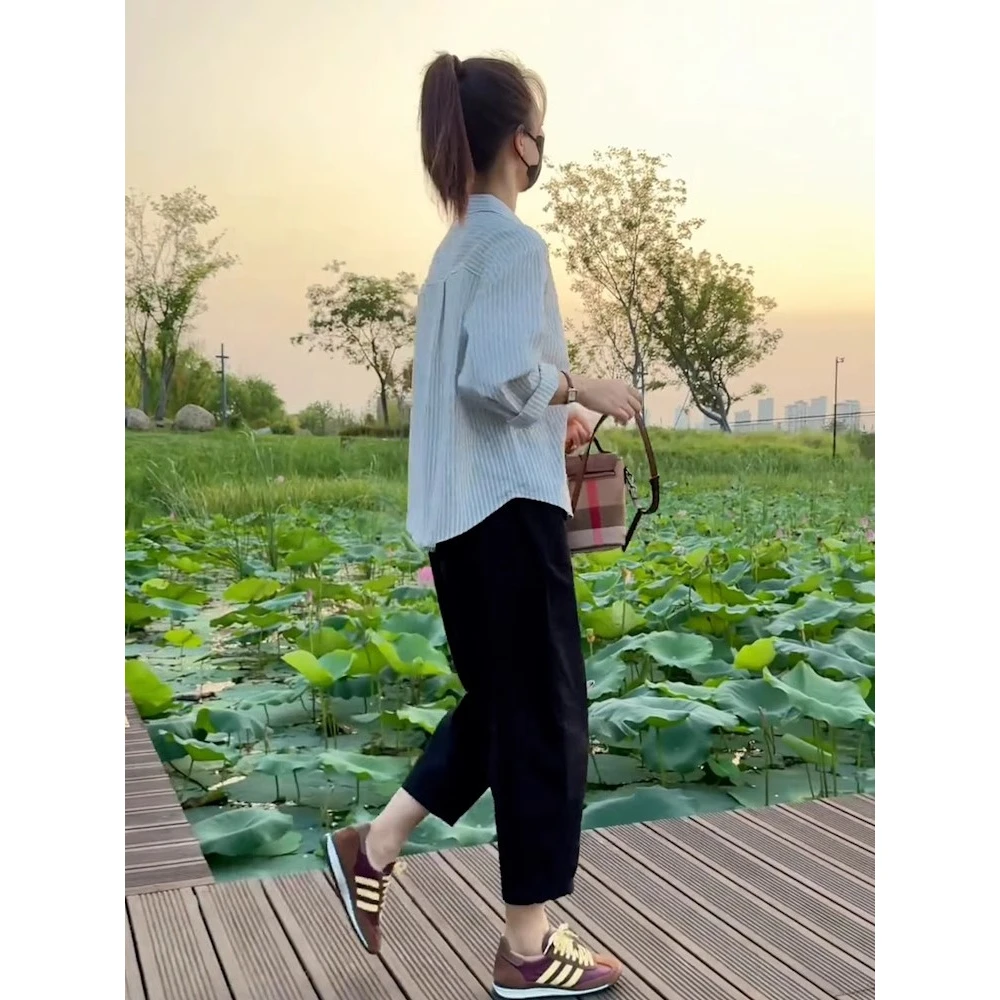 减龄一整套穿搭高级感时尚条纹气质衬衫女显瘦小脚九分休闲裤套装