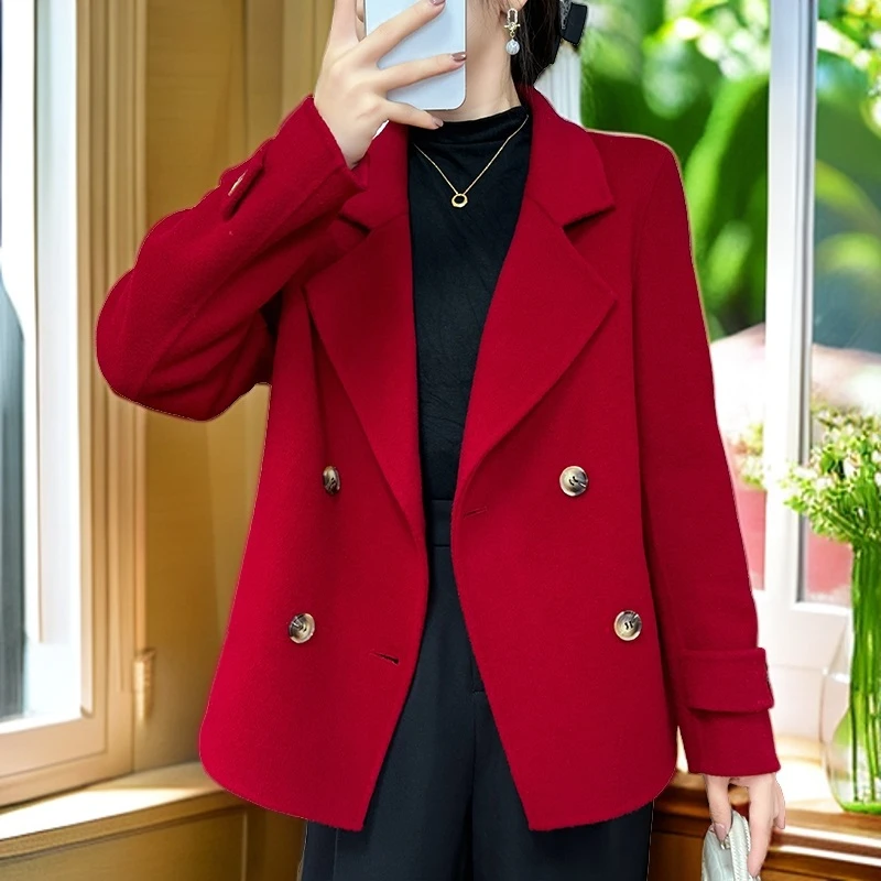 100%纯羊毛双面毛呢大衣修身西服双排扣短款小个子气质时尚秋冬
