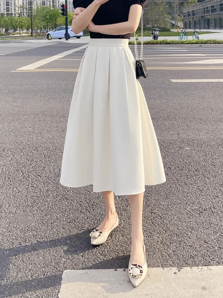 气质白色垂感显瘦半身裙百褶高腰a字裙法式伞裙垂感伞裙半身裙