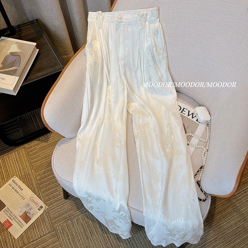 新中式国风提花精致直筒裤女夏季高腰垂感高级盘扣醋酸缎面阔腿裤