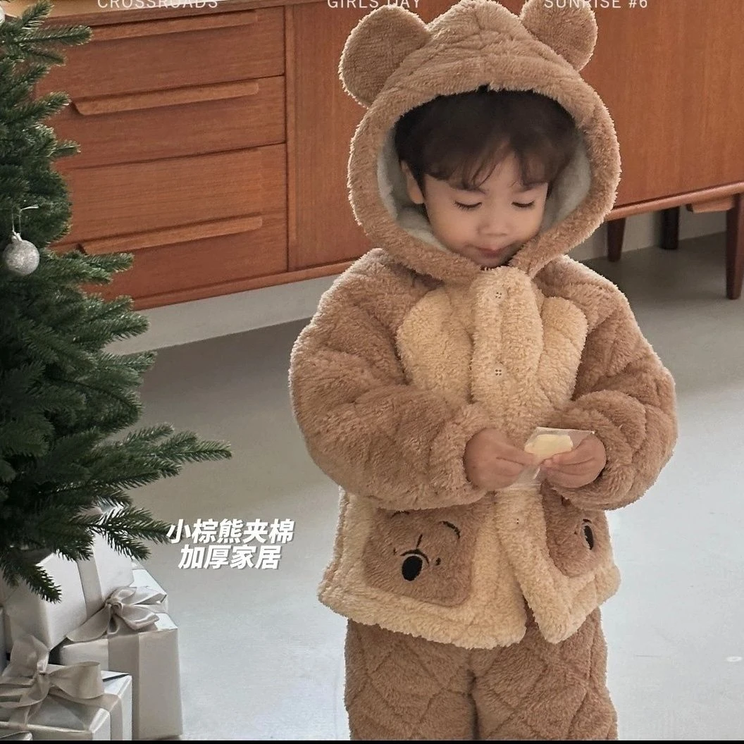 小熊加厚儿童睡衣冬款2023新款女孩夹棉绒男宝家居服女童冬季保暖