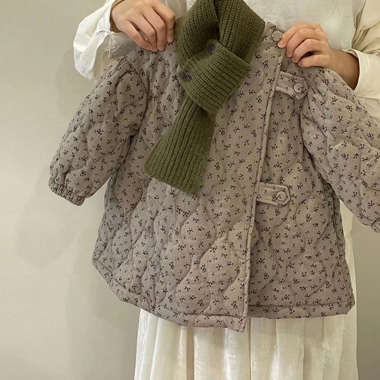 2023秋冬新款韩国女童加厚棉服中长款绗缝夹棉斜襟碎花棉袄棉服
