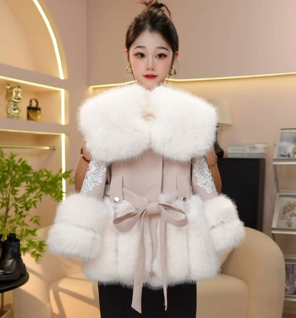 [MH 美画13]12025新款女童高端刺绣拼接加厚束腰皮毛一体草草外套