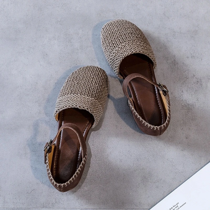真皮凉鞋女手工编织亚麻包头罗马鞋2024夏季新款平底休闲复古女鞋