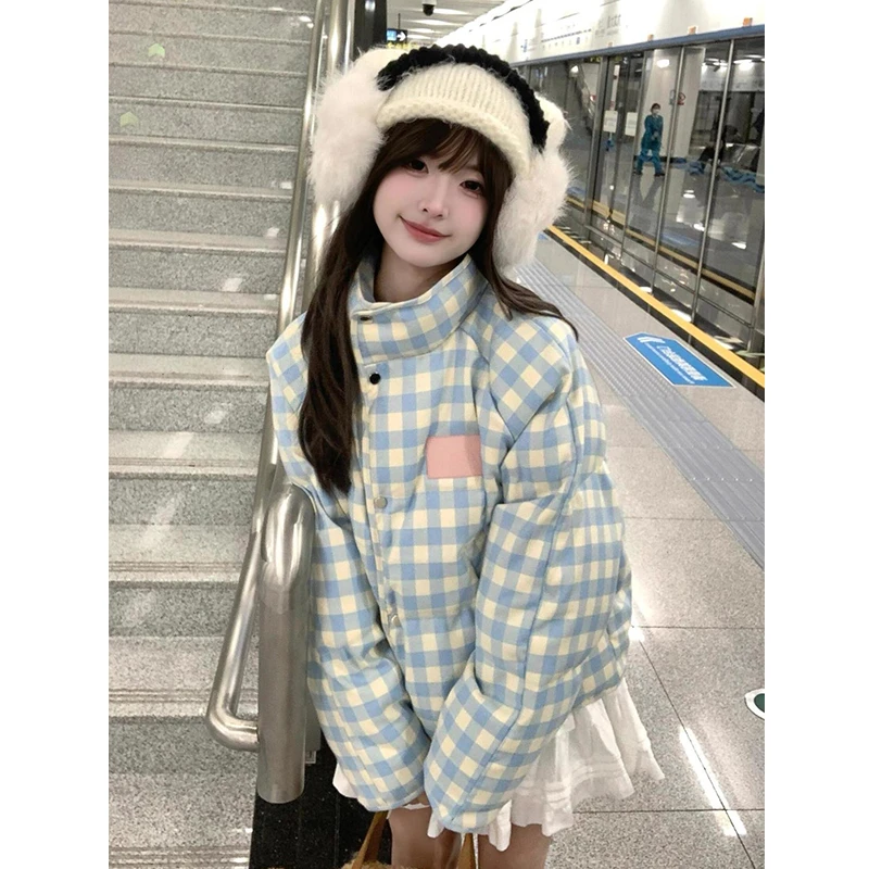 美式复古蓝色格纹立领棉衣棉服女冬宽松设计感小众加厚面包服外套