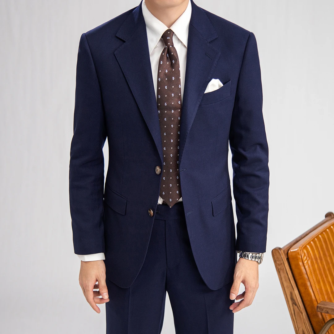 谷巢男士藏青色修身单排扣春秋平驳领意式西装商务休闲西服套装