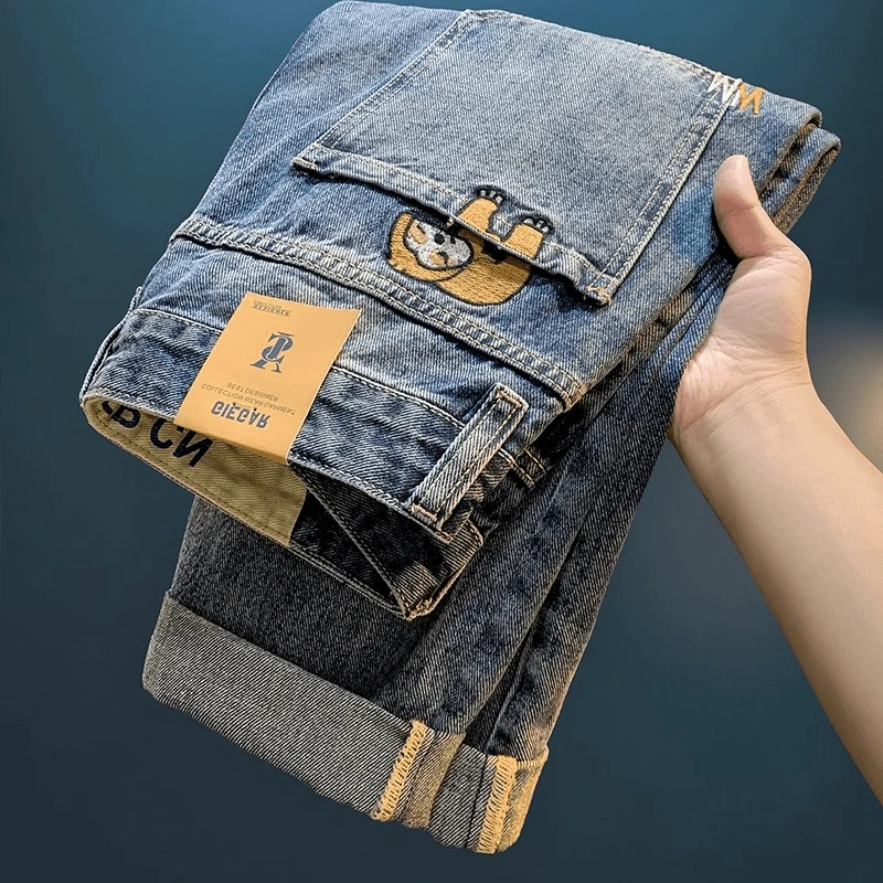 GPEJ牛仔裤男秋潮宽松直筒长裤刺绣休闲男裤子