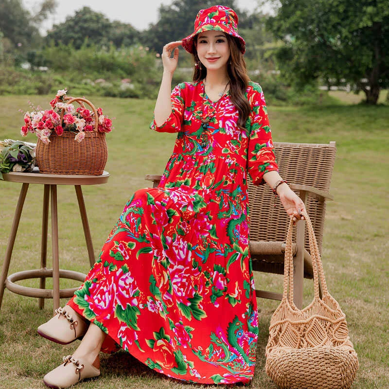 高端大码女装遮肚显瘦棉绸民族风复古东北大花布大摆老年人沙滩裙