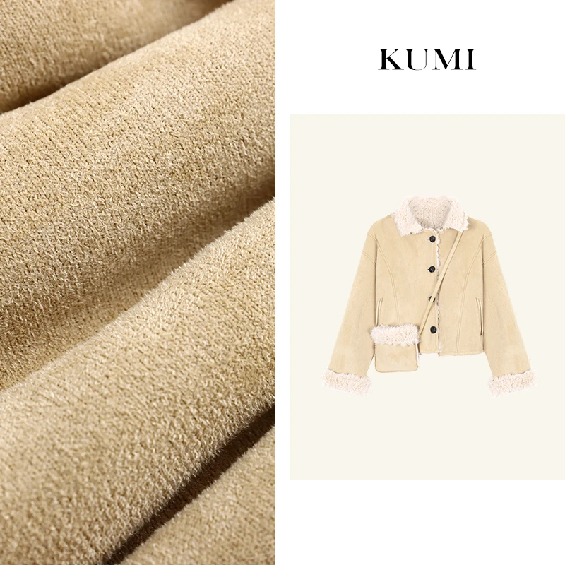 【二姐严选】仿毛毛一体翻领短外套女装冬季加绒加厚保暖单排扣上衣