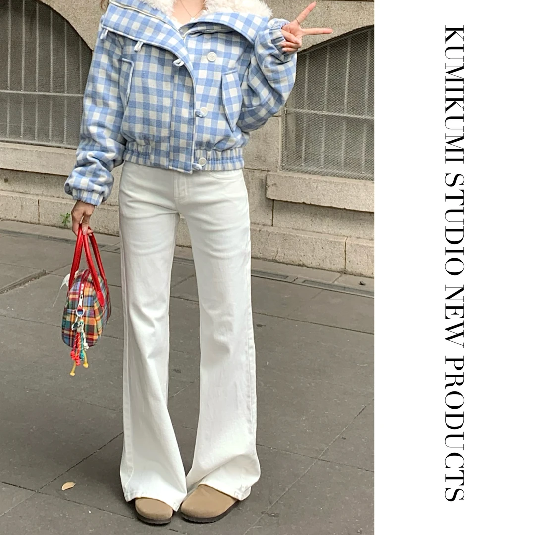 【二姐严选】美式白色喇叭裤百搭牛仔裤女春秋高腰拖地裤长裤宽松