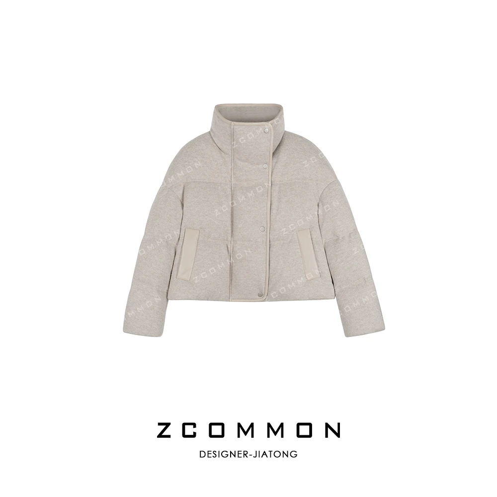 Z common冬季绵羊毛羊绒休闲立领格纹短款保暖鹅绒面包服 2406117