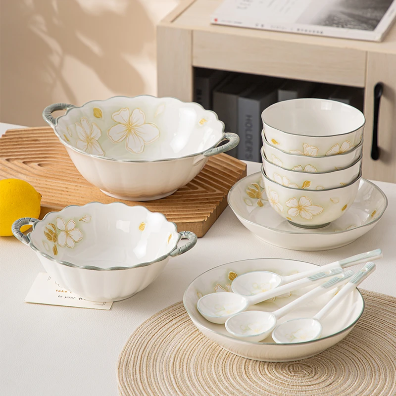 【12件套】黄金叶双耳汤碗米饭碗圆盘深盘套装陶瓷餐具碗勺