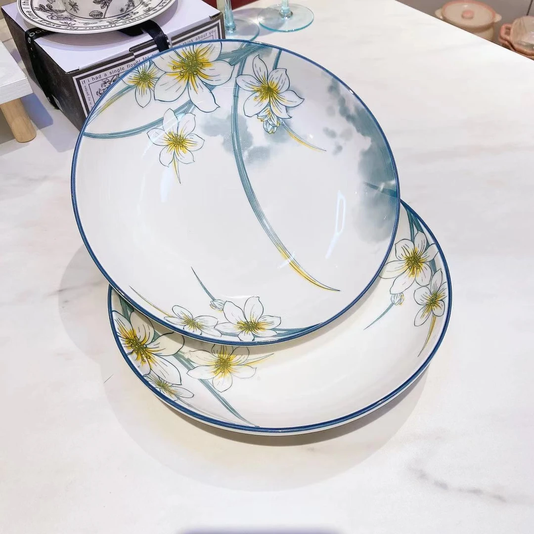 【水仙花9英寸圆盘2个装】陶瓷盘子家用菜盘网红餐具创意餐盘饭盘