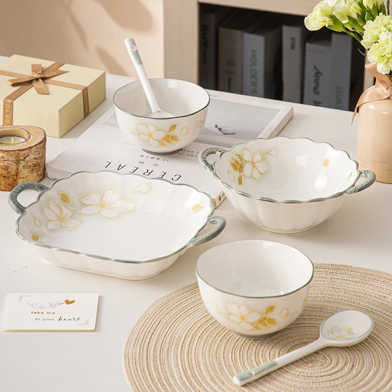 黄金叶陶瓷碗盘6件套创意家用米饭碗方盘汤碗餐具套装