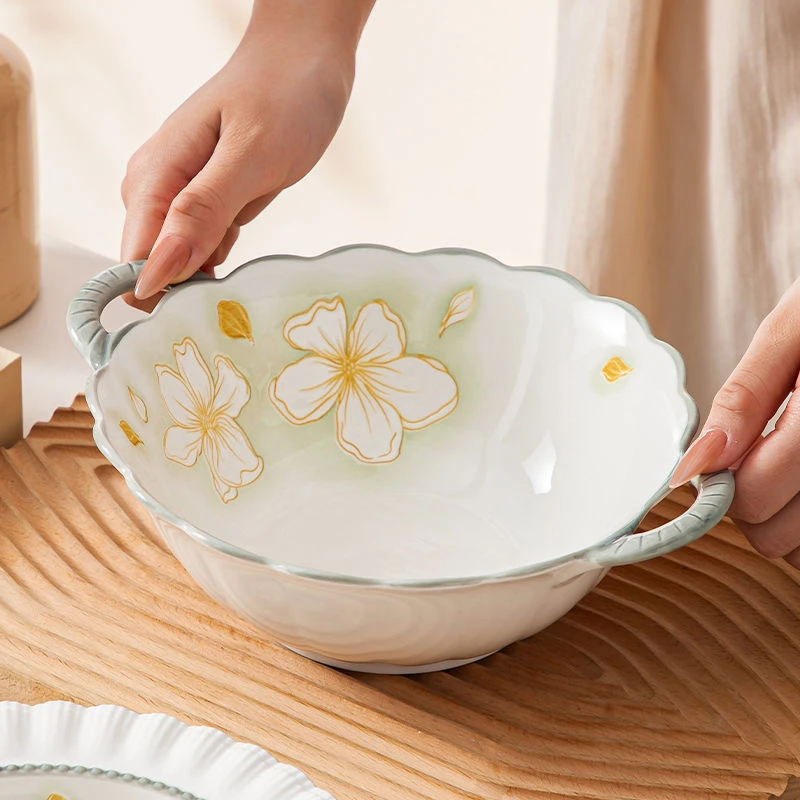 【9.5英寸黄金叶双耳大汤碗2个装】大容量釉下彩汤碗陶瓷双耳餐具