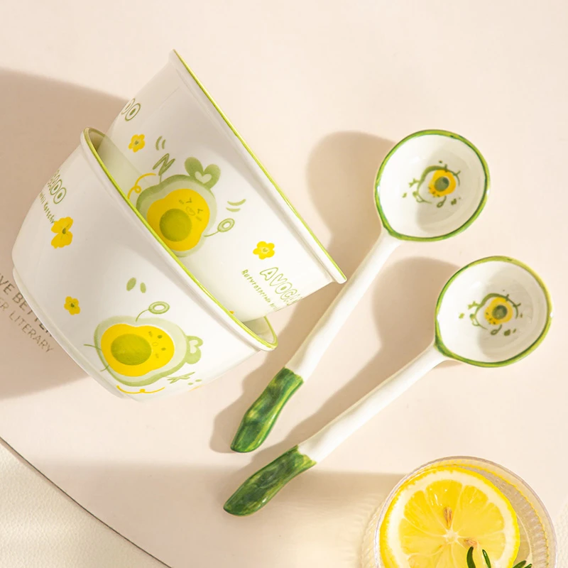 【2碗2勺】萌趣儿童牛油果家用陶瓷米饭碗高颜值奶油色吃饭碗