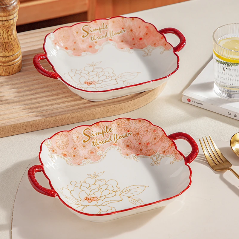 牡丹花双耳方盘家用菜盘深汤盘创意水果盘个性早餐盘陶瓷盘餐具